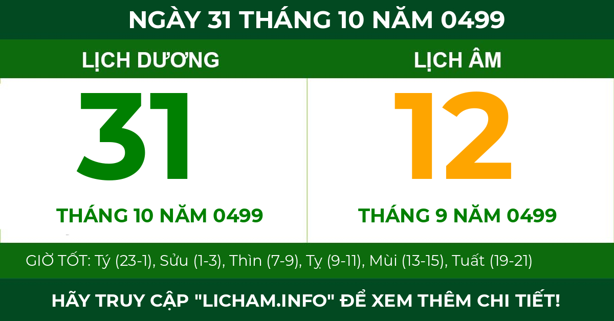 lịch âm ngày 31 tháng 10 năm 0499