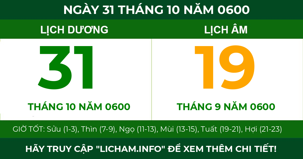 lịch âm ngày 31 tháng 10 năm 0600