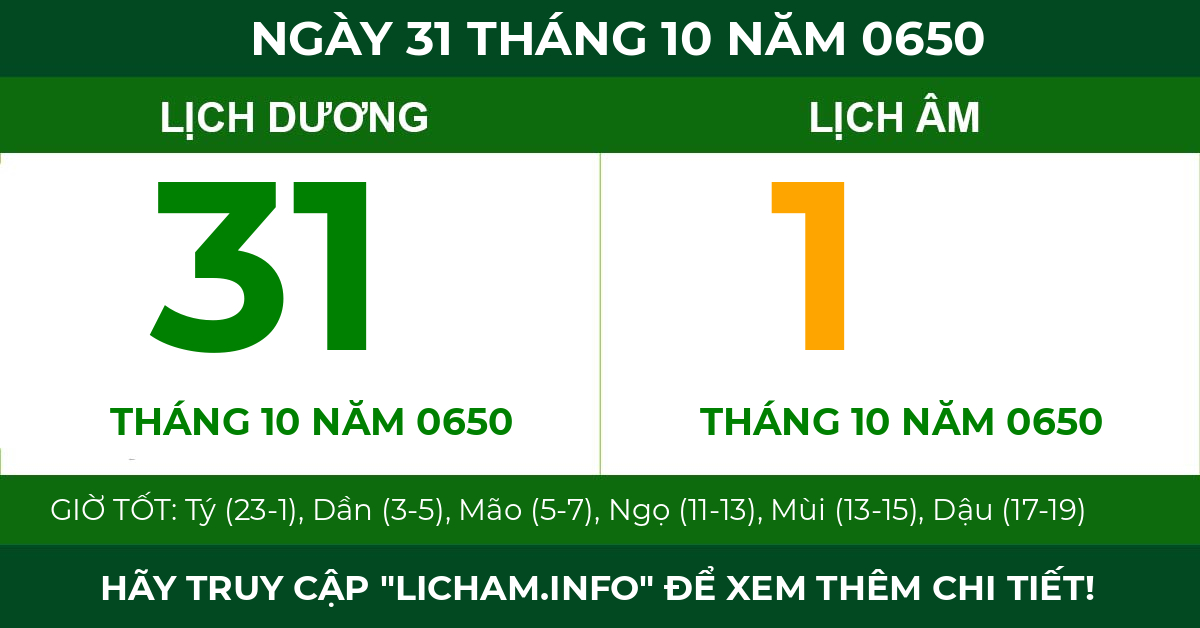 lịch âm ngày 31 tháng 10 năm 0650