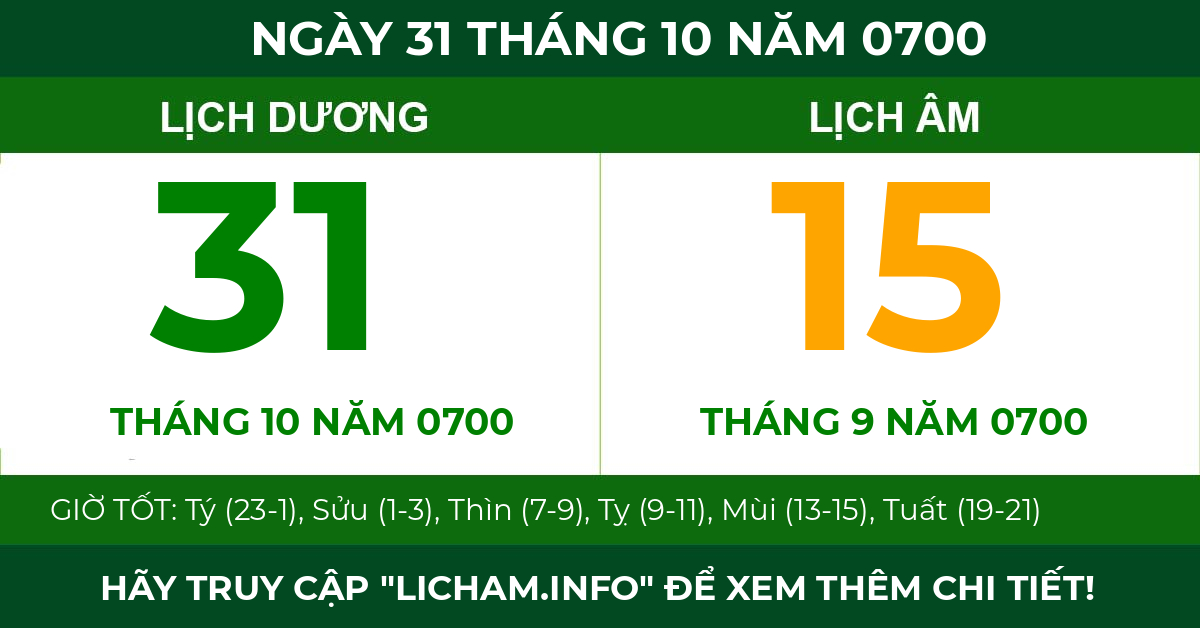 lịch âm ngày 31 tháng 10 năm 0700