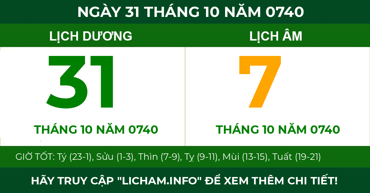 lịch âm ngày 31 tháng 10 năm 0740