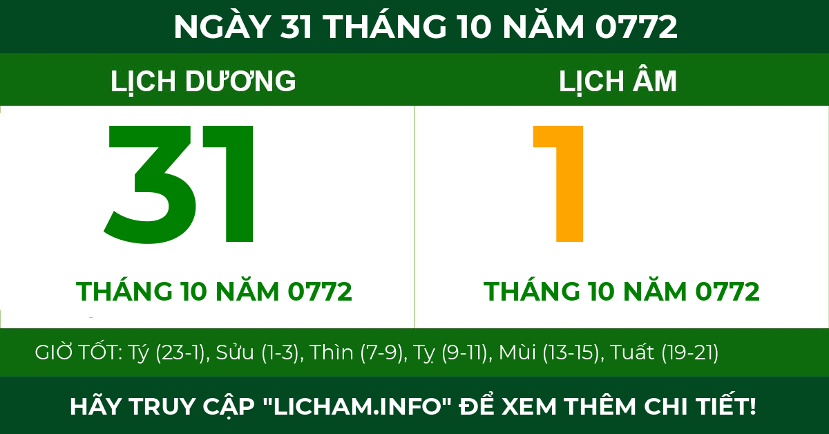 lịch âm ngày 31 tháng 10 năm 0772