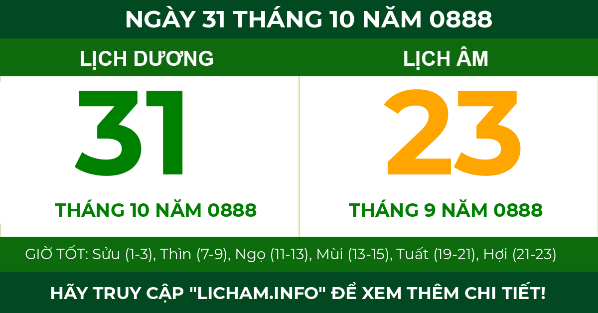 lịch âm ngày 31 tháng 10 năm 0888