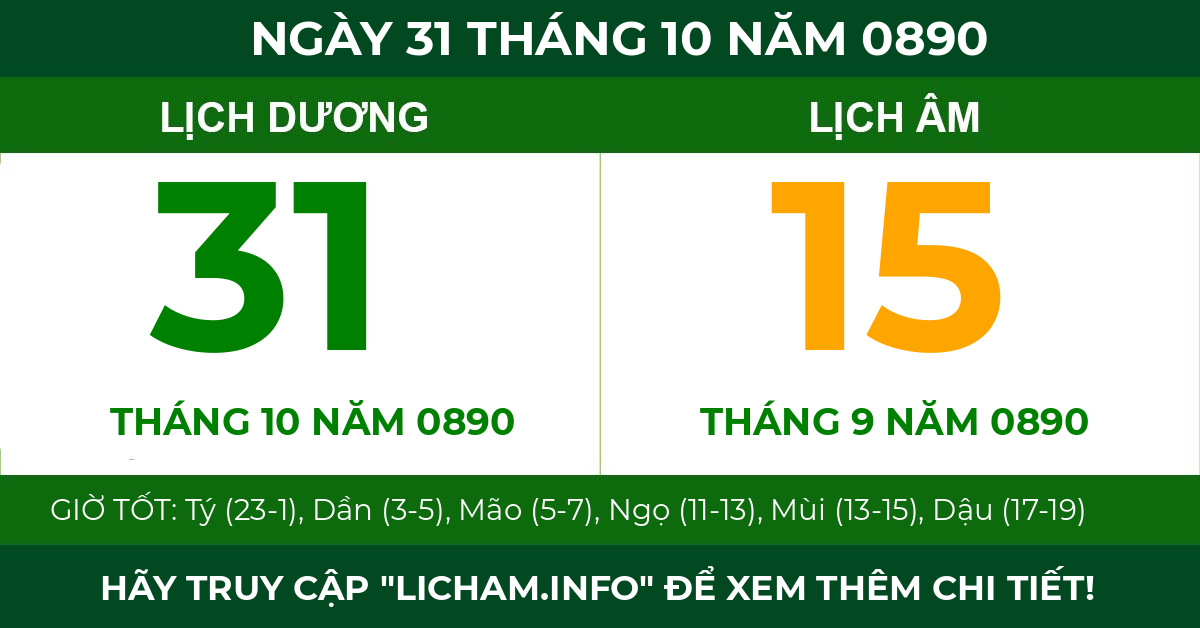 lịch âm ngày 31 tháng 10 năm 0890