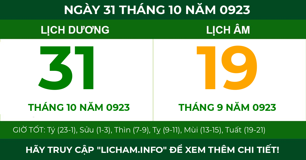 lịch âm ngày 31 tháng 10 năm 0923