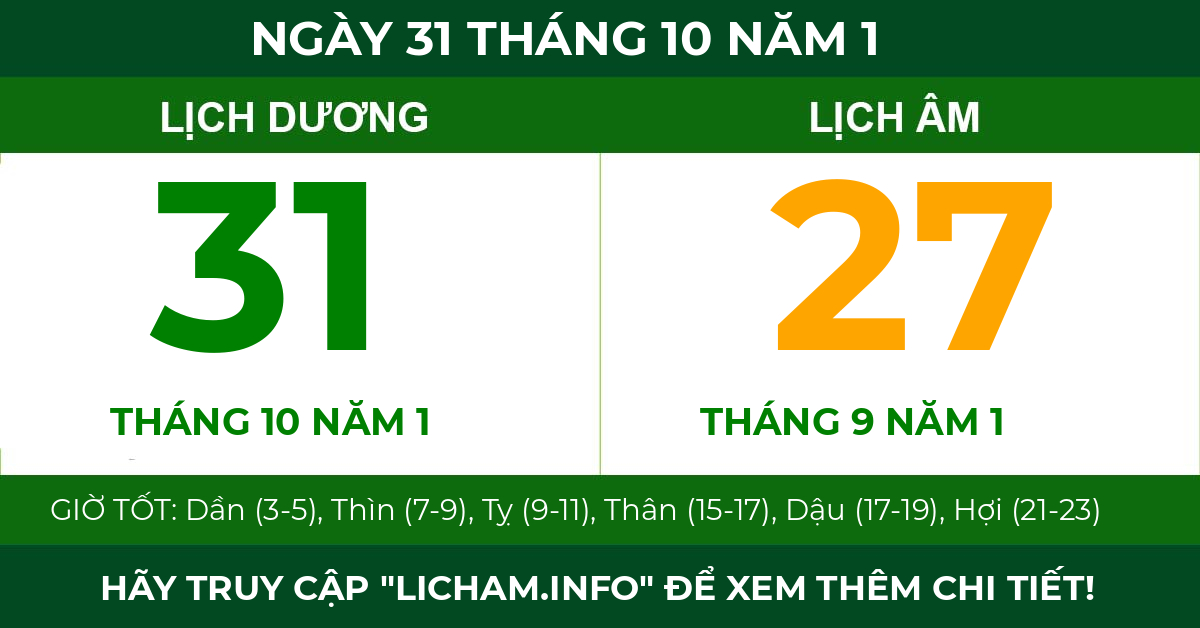 lịch âm ngày 31 tháng 10 năm 1