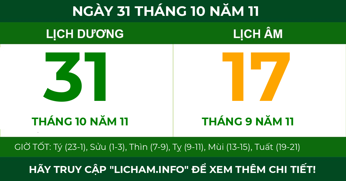 lịch âm ngày 31 tháng 10 năm 11