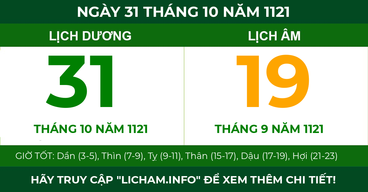 lịch âm ngày 31 tháng 10 năm 1121