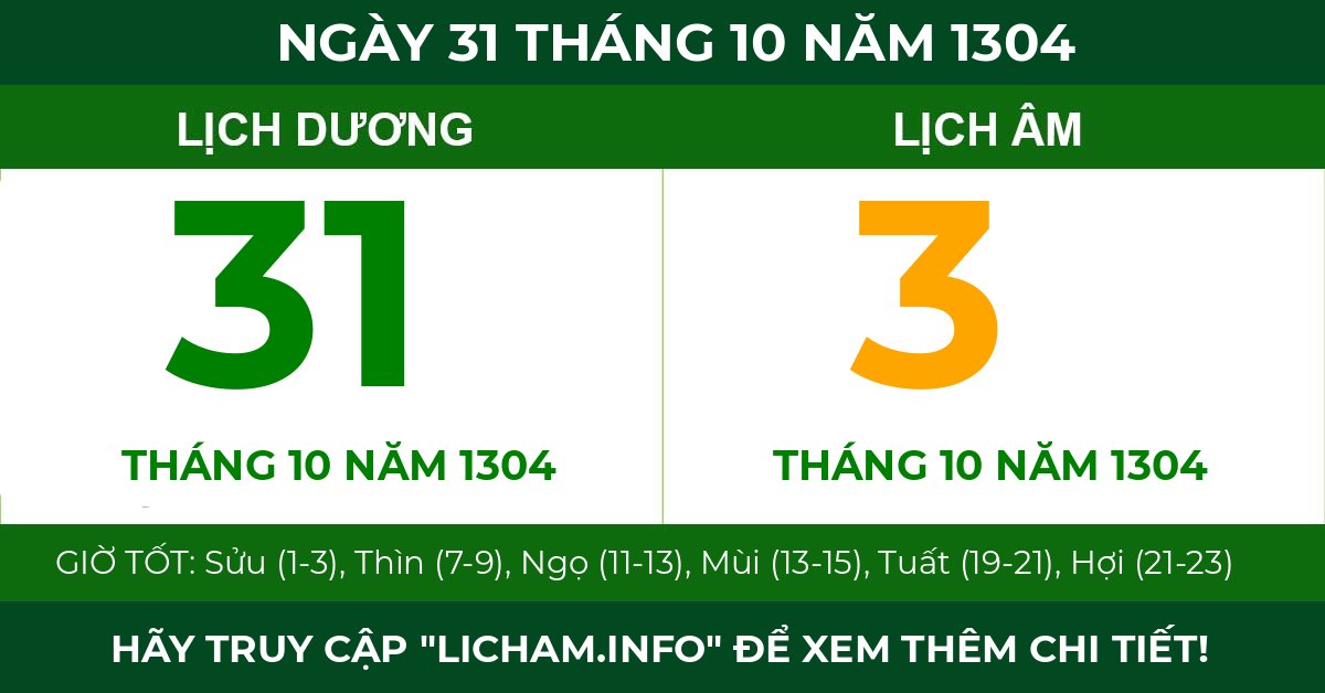lịch âm ngày 31 tháng 10 năm 1304