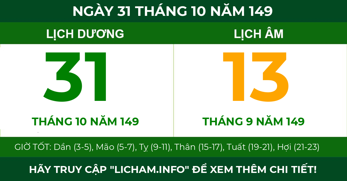 lịch âm ngày 31 tháng 10 năm 149