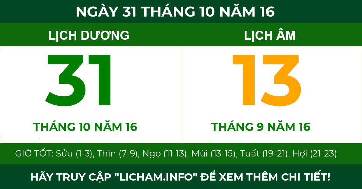 lịch âm ngày 31 tháng 10 năm 16