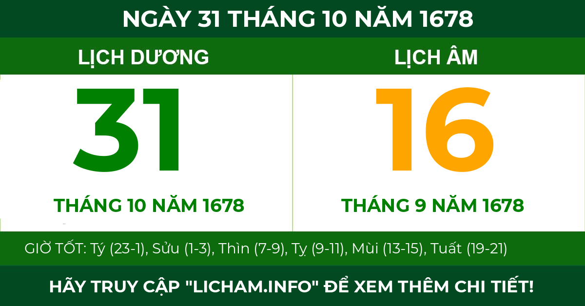 lịch âm ngày 31 tháng 10 năm 1678