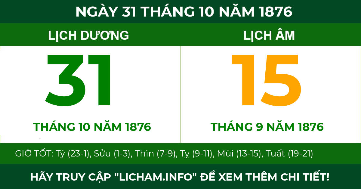 lịch âm ngày 31 tháng 10 năm 1876