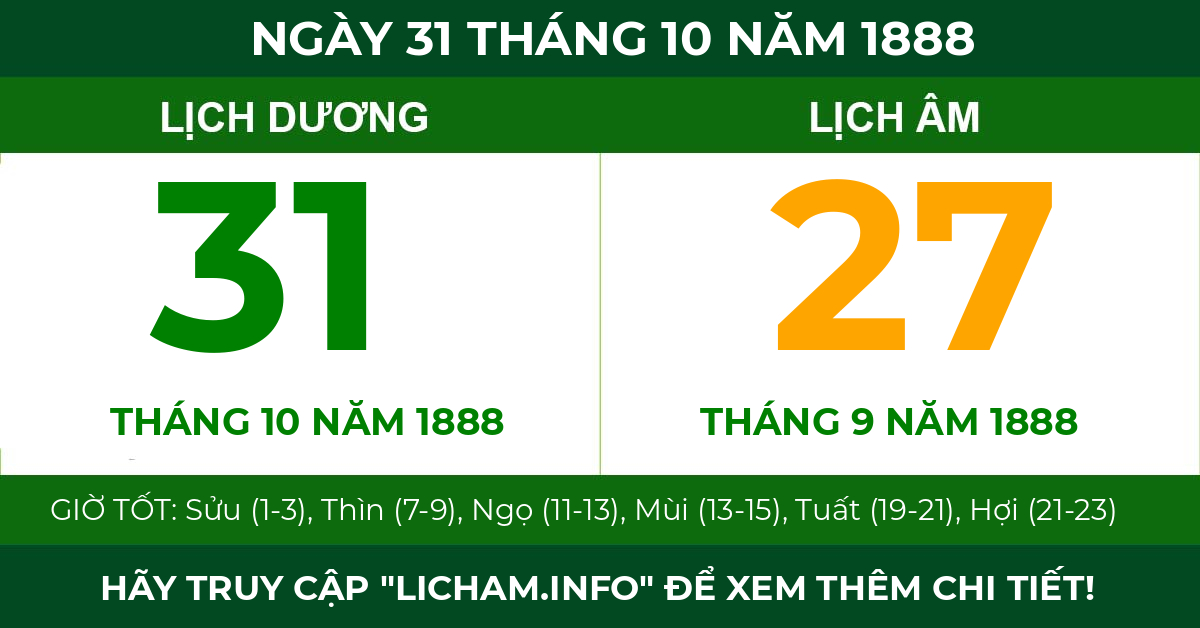 lịch âm ngày 31 tháng 10 năm 1888