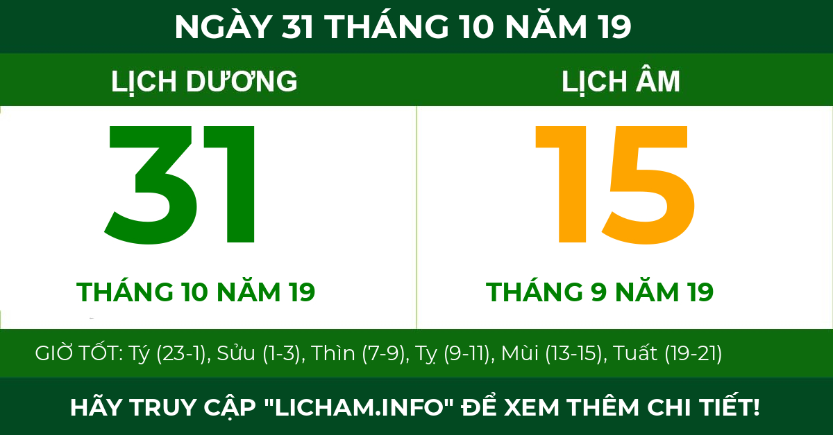 lịch âm ngày 31 tháng 10 năm 19