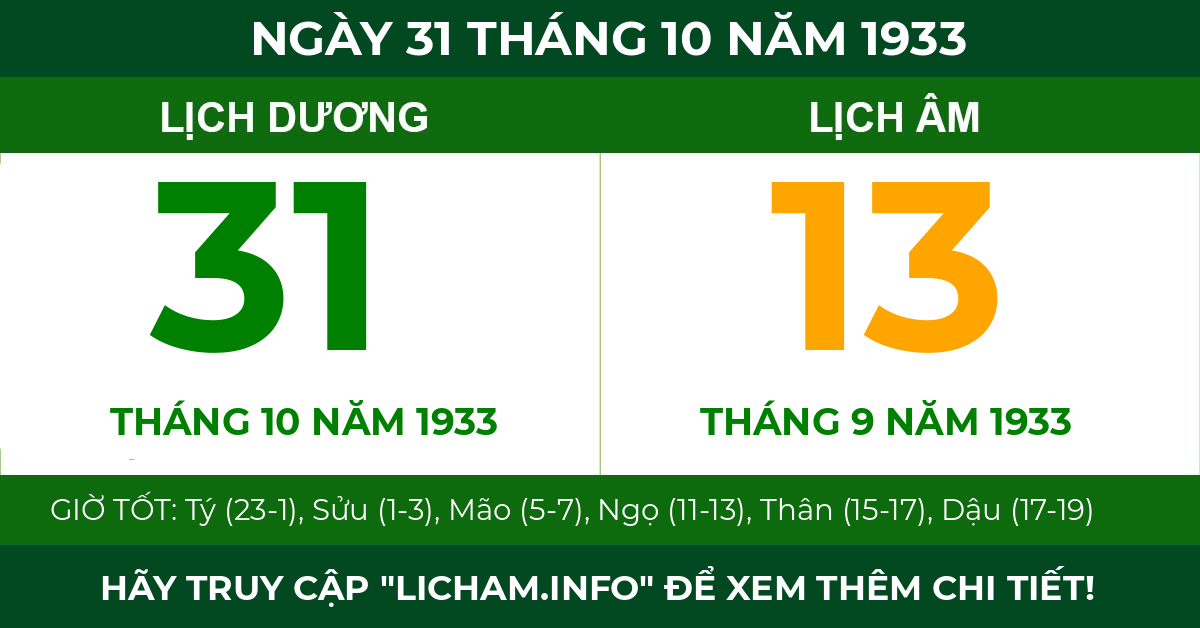 lịch âm ngày 31 tháng 10 năm 1933