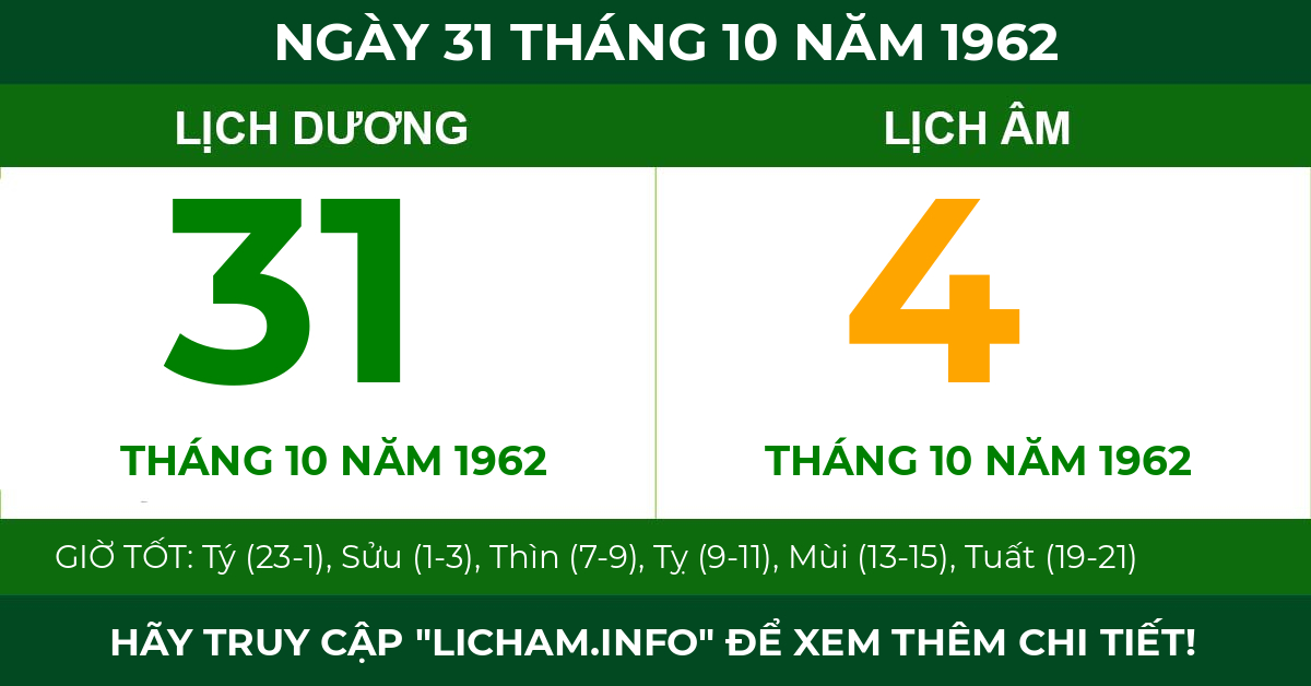 lịch âm ngày 31 tháng 10 năm 1962
