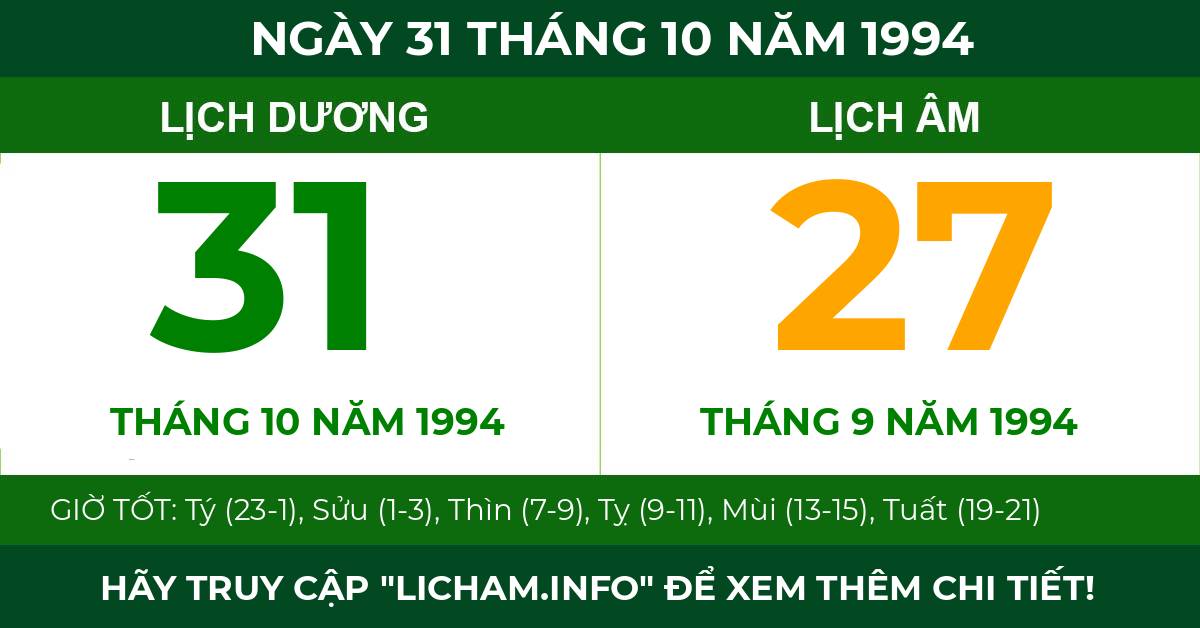 lịch âm ngày 31 tháng 10 năm 1994