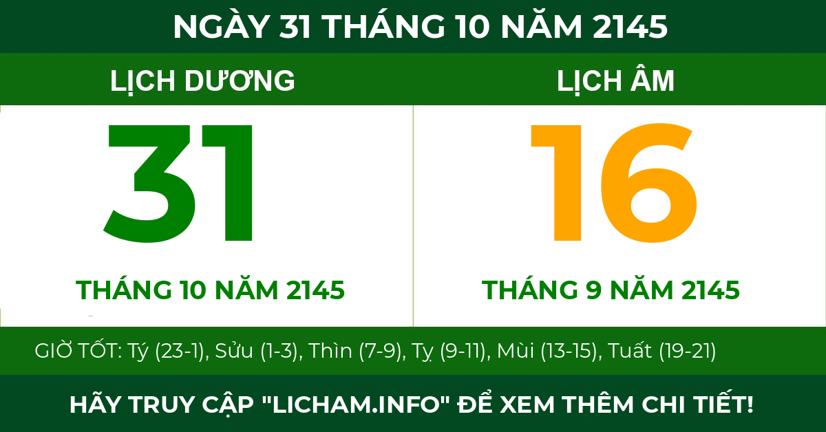 lịch âm ngày 31 tháng 10 năm 2145