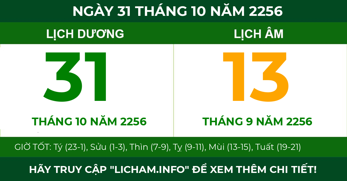 lịch âm ngày 31 tháng 10 năm 2256