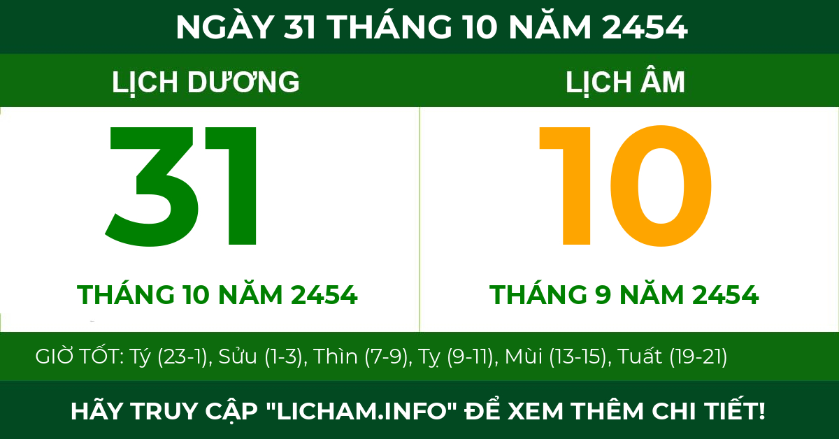 lịch âm ngày 31 tháng 10 năm 2454