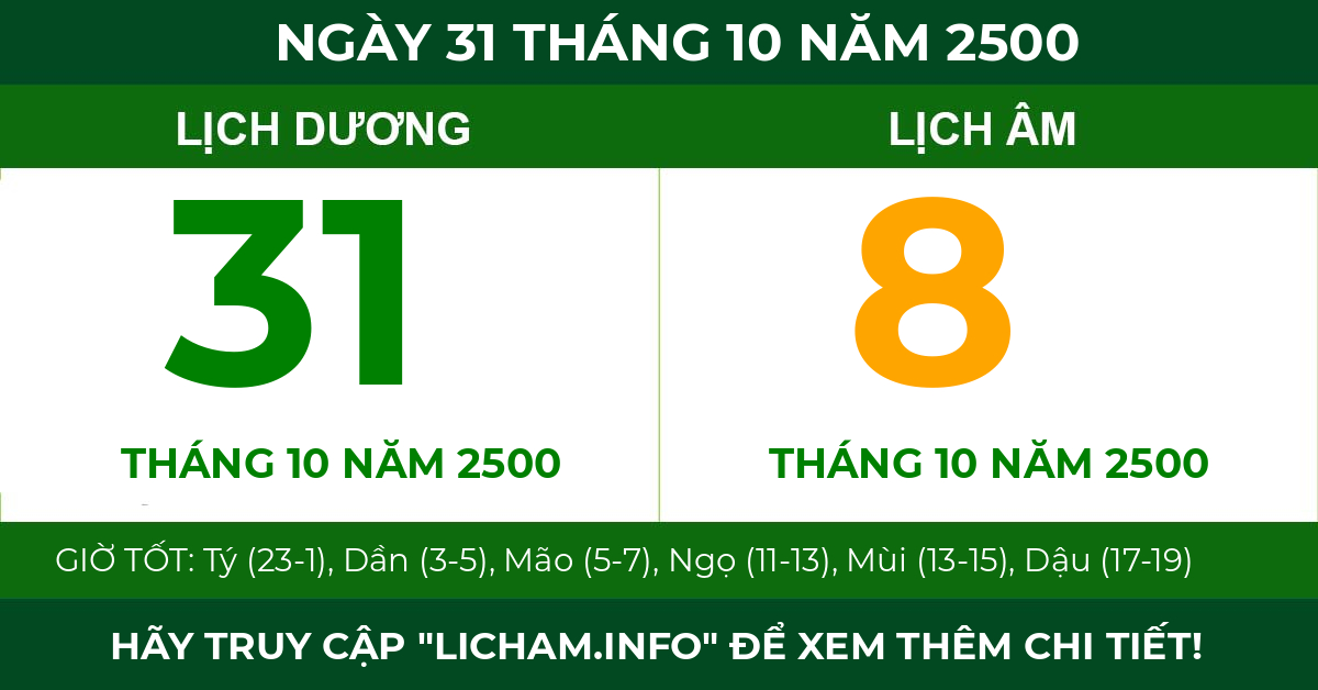 lịch âm ngày 31 tháng 10 năm 2500