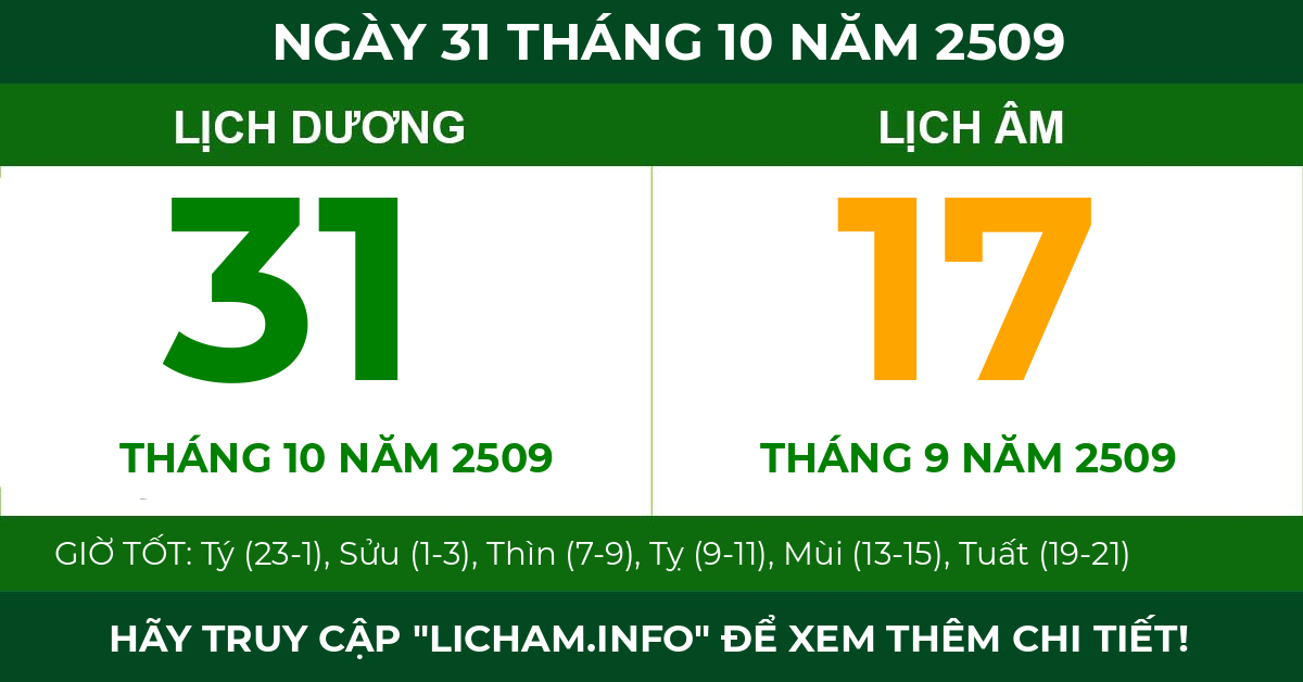 lịch âm ngày 31 tháng 10 năm 2509