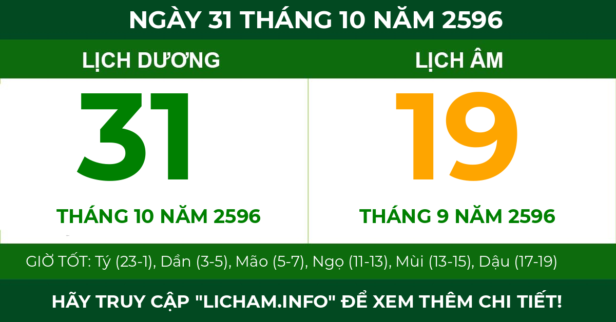 lịch âm ngày 31 tháng 10 năm 2596