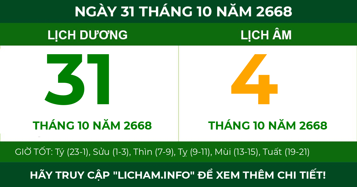 lịch âm ngày 31 tháng 10 năm 2668