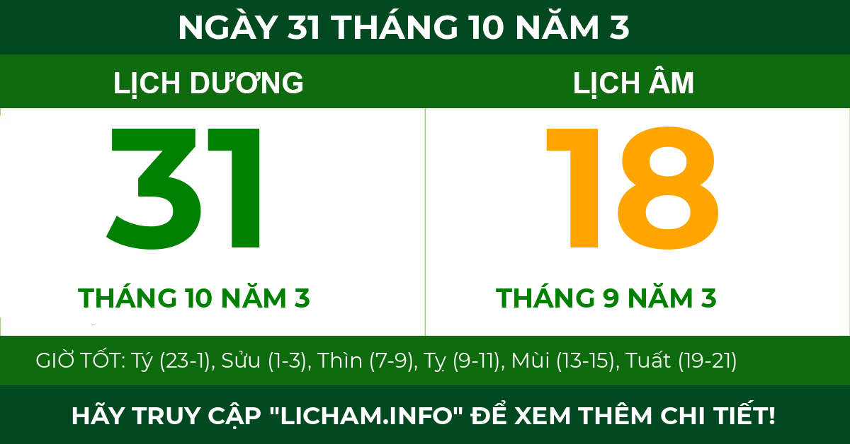 lịch âm ngày 31 tháng 10 năm 3
