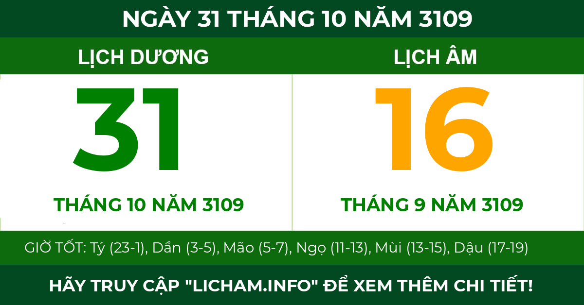 lịch âm ngày 31 tháng 10 năm 3109