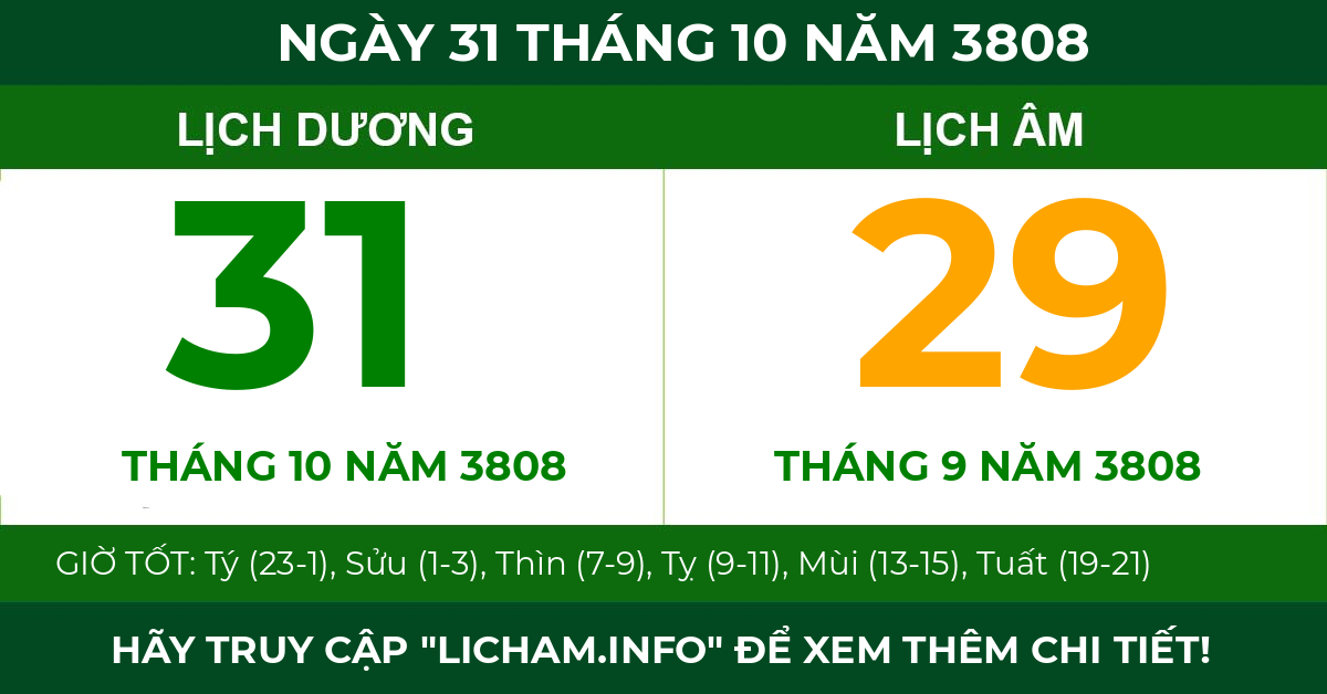 lịch âm ngày 31 tháng 10 năm 3808