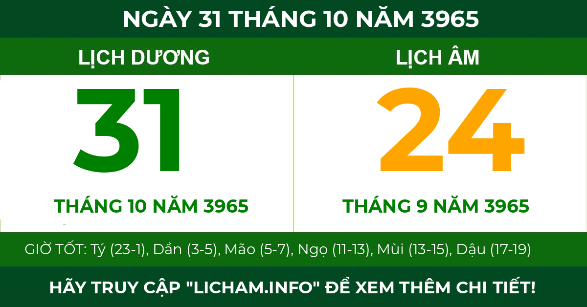 lịch âm ngày 31 tháng 10 năm 3965