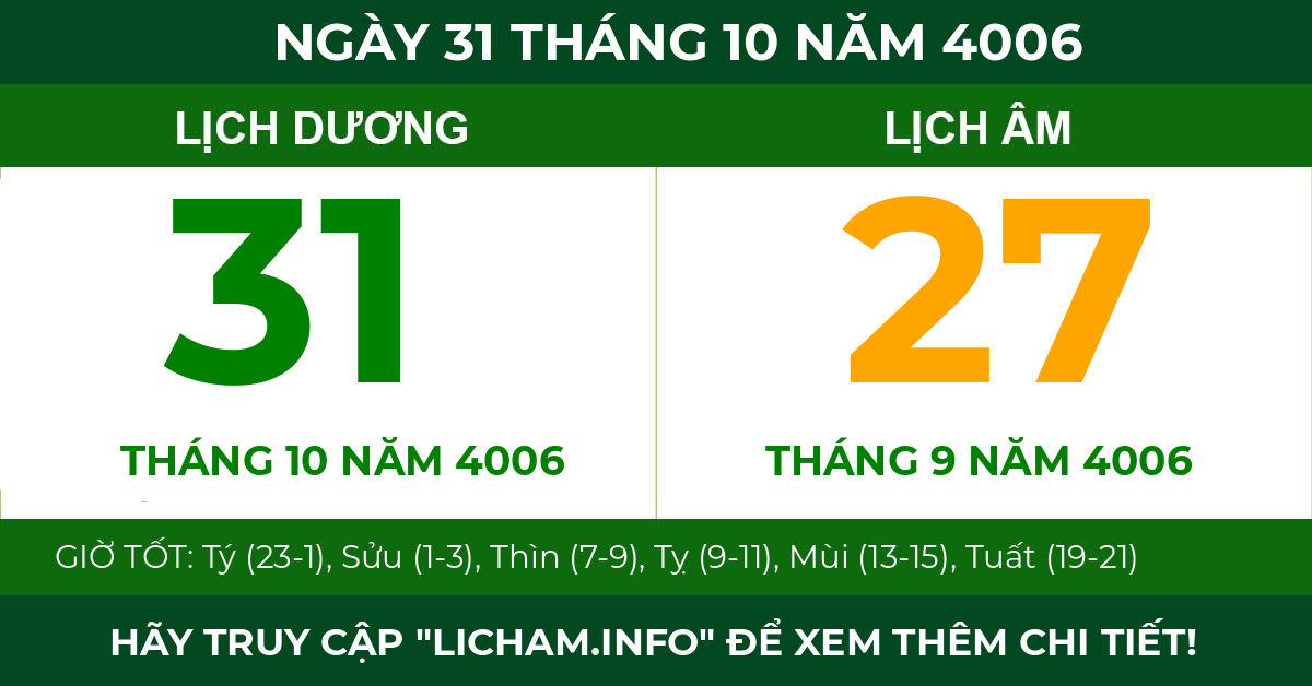 lịch âm ngày 31 tháng 10 năm 4006