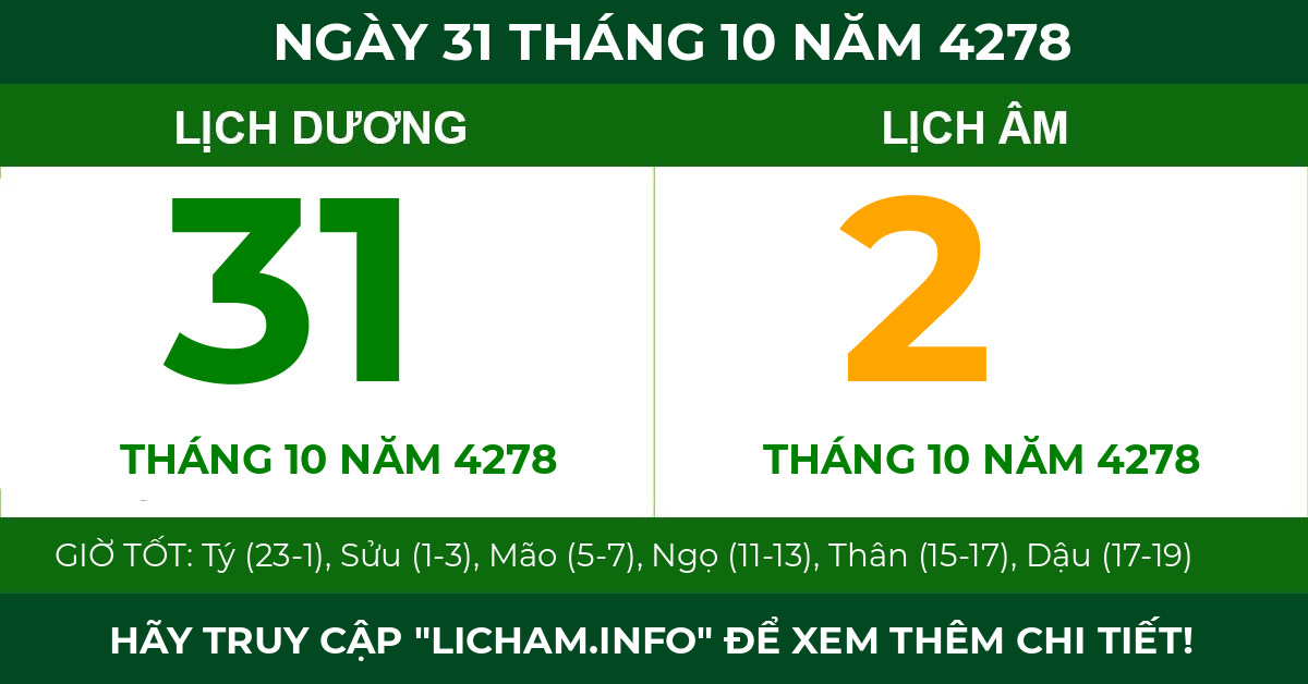 lịch âm ngày 31 tháng 10 năm 4278