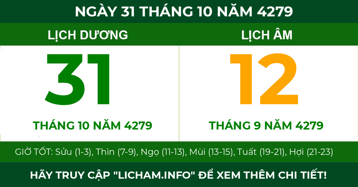 lịch âm ngày 31 tháng 10 năm 4279