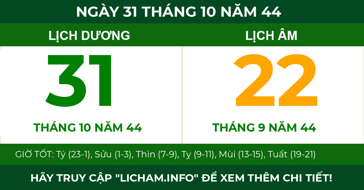 lịch âm ngày 31 tháng 10 năm 44