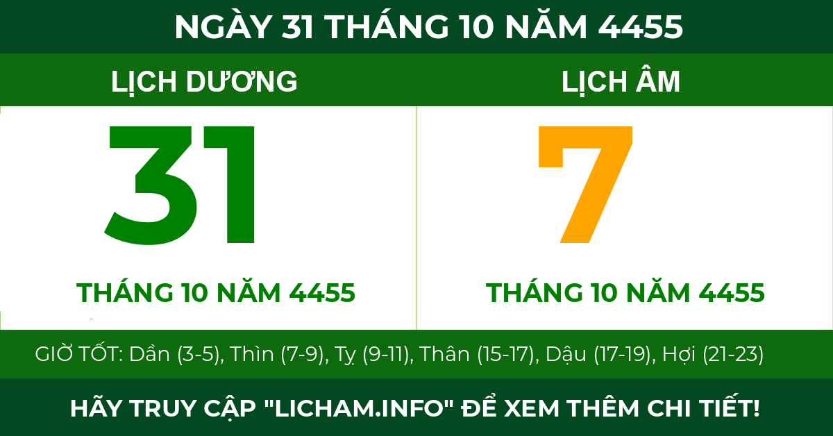 lịch âm ngày 31 tháng 10 năm 4455