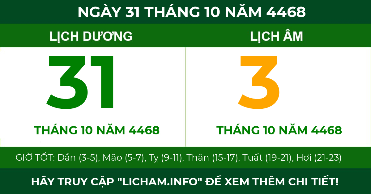 lịch âm ngày 31 tháng 10 năm 4468