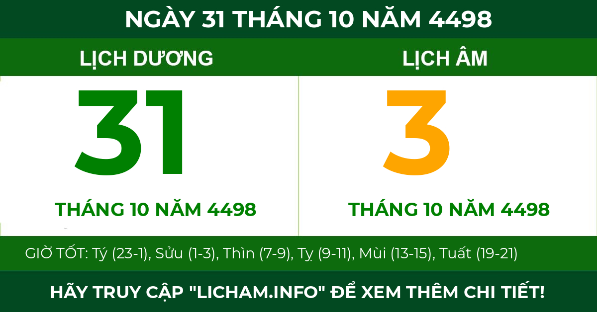 lịch âm ngày 31 tháng 10 năm 4498