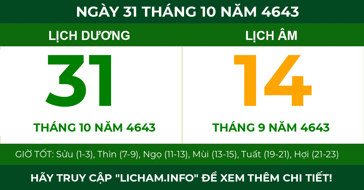 lịch âm ngày 31 tháng 10 năm 4643