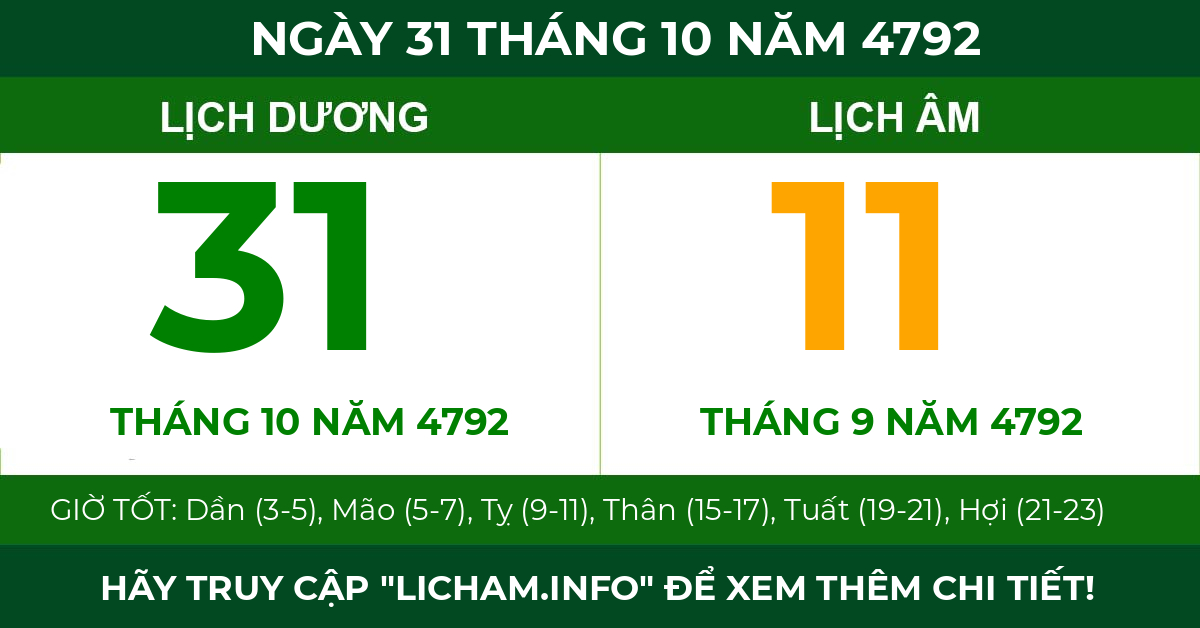 lịch âm ngày 31 tháng 10 năm 4792