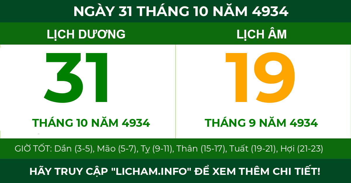 lịch âm ngày 31 tháng 10 năm 4934
