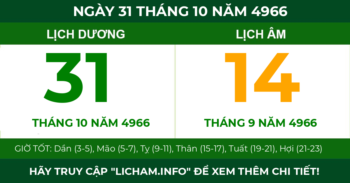 lịch âm ngày 31 tháng 10 năm 4966