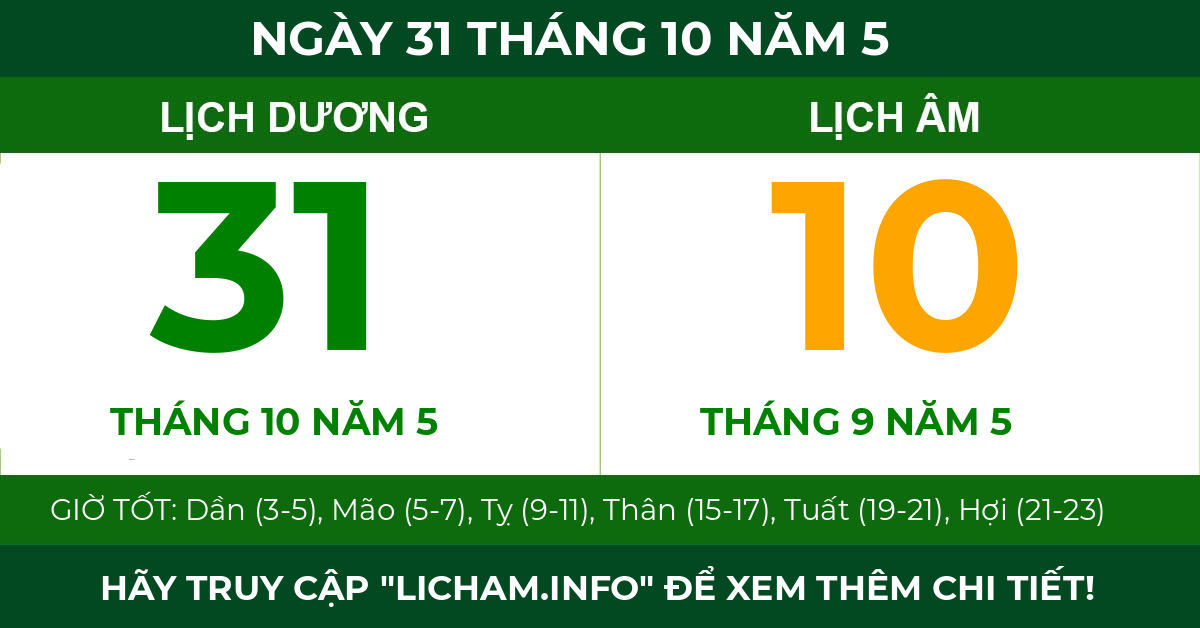 lịch âm ngày 31 tháng 10 năm 5