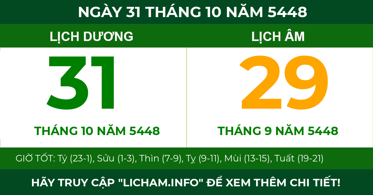 lịch âm ngày 31 tháng 10 năm 5448
