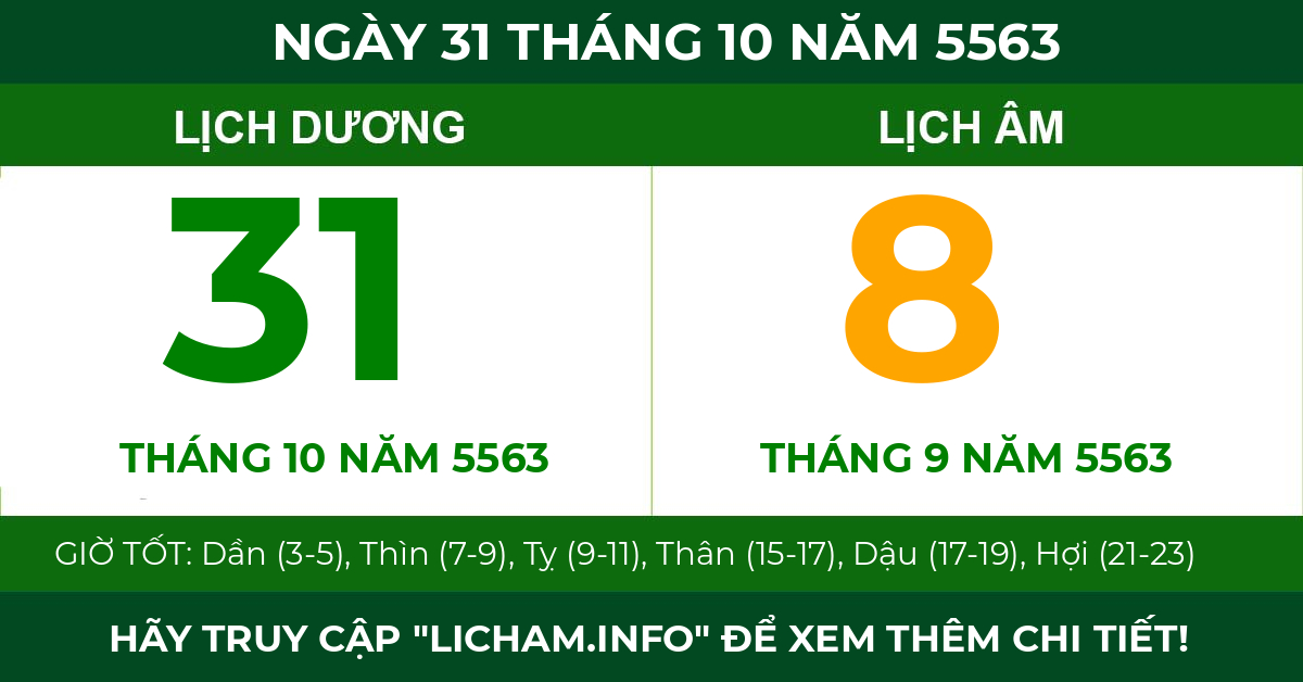 lịch âm ngày 31 tháng 10 năm 5563