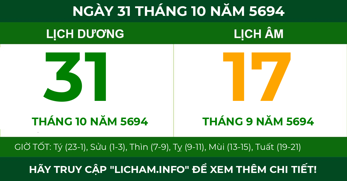 lịch âm ngày 31 tháng 10 năm 5694