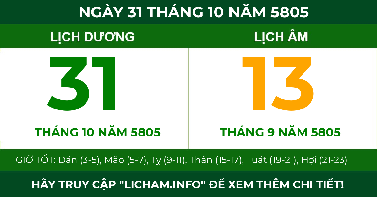 lịch âm ngày 31 tháng 10 năm 5805