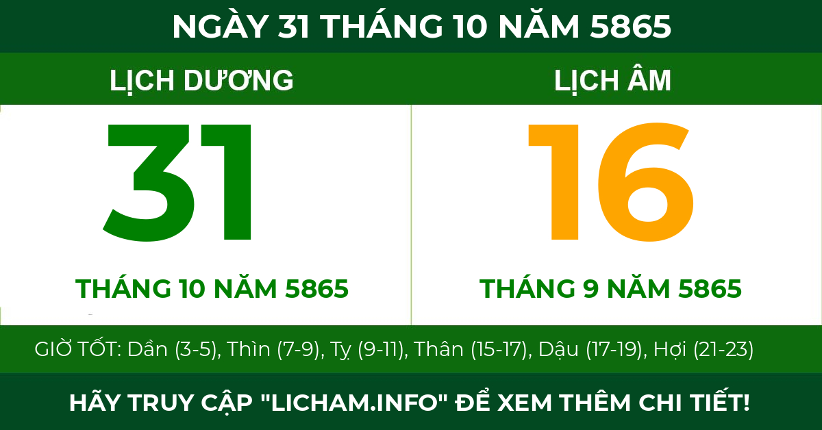 lịch âm ngày 31 tháng 10 năm 5865